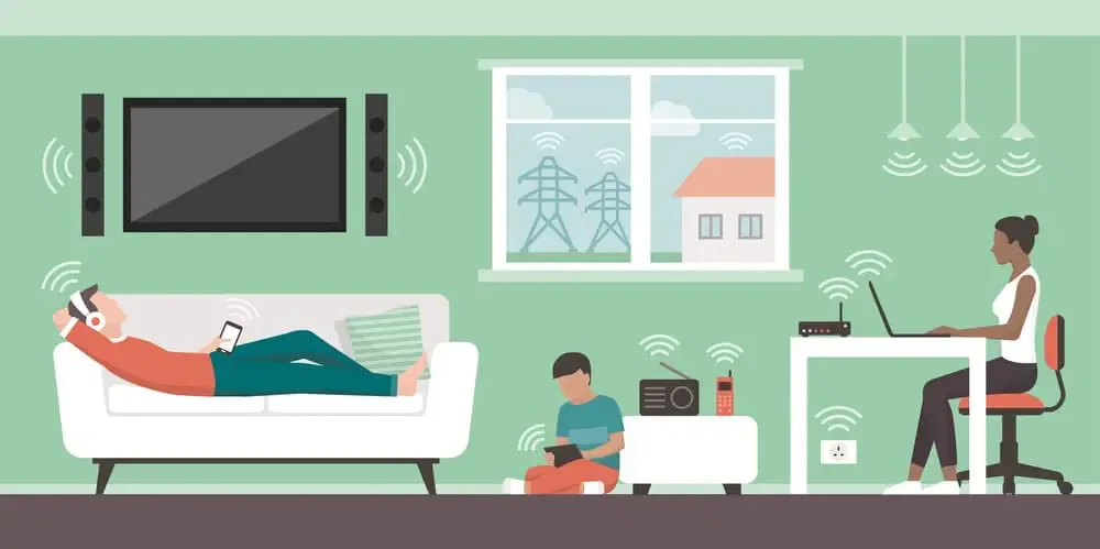 Illustratie draadloze toestellen in huis wifi Bluetooth hoofdtelefoon tablet hoogspanning elektriciteit laptop smartphone