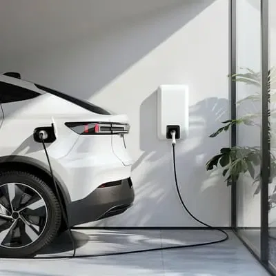 Electric car at charging station white